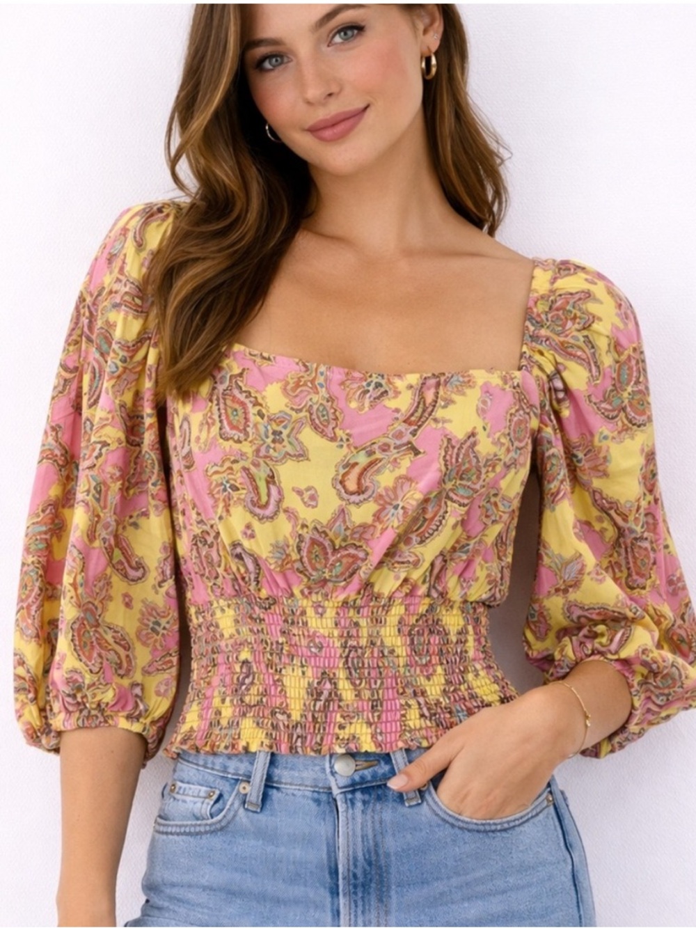 AFRM 3/4 Sleeve Smocked Crop Top with Button Back yellow/pink paisley print Sz S